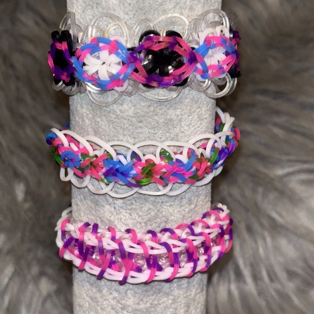Set Of 3 Rainbow Loom Rubber Band Bracelets Handmade Pink White Jewelry Fun
